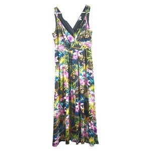 Jennifer Lopez Women's Sz 0X Black Tropical Floral Sleeveless V Neck Maxi Dress